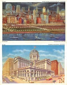 CHICAGO, Illinois IL  MICHIGAN BOULEVARD~Night & FEDERAL BUILDING  *2* Postcards