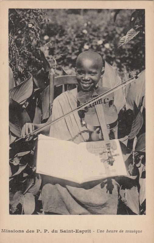 Africa missions ethnic african boy violin music lesson early postcard