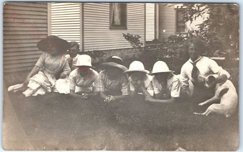 c1910s Tranquil Sunny Day Women & Boy w/ Dog RPPC Sunhat Girls Real Photo A142