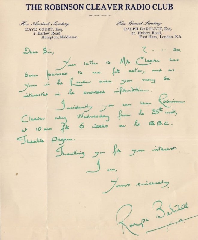 Robinson Cleaver Theatre Organ Club 1950s Hand Signed Letter