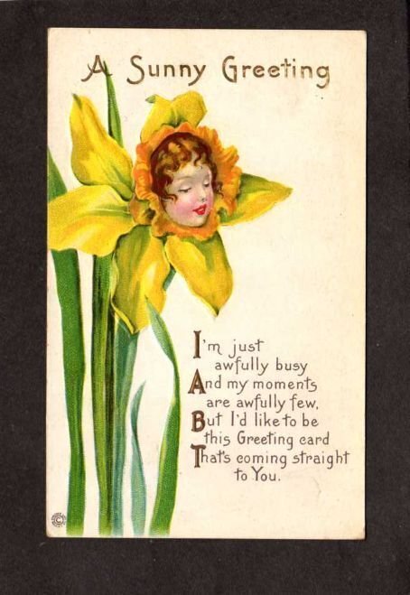 Sunny Greetings Postcard Flower Face Girl  Postcard 1924 Anthro Anthropomorphic