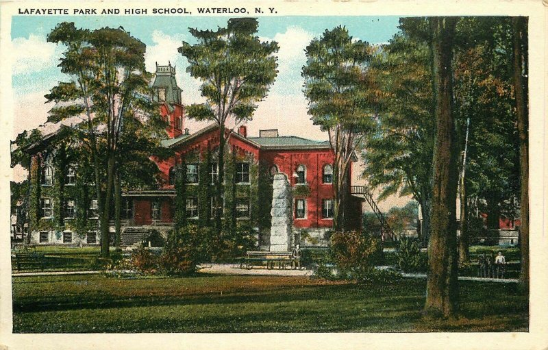 VINTAGE POSTCARD LAFAYETTE PARK & HIGH SCHOOL WATERLOO NEW YORK NY