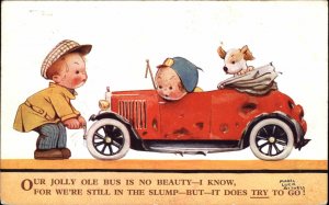 MabelLucie Attwell Children with Puppy Dog in Early Car Vintage Postcard