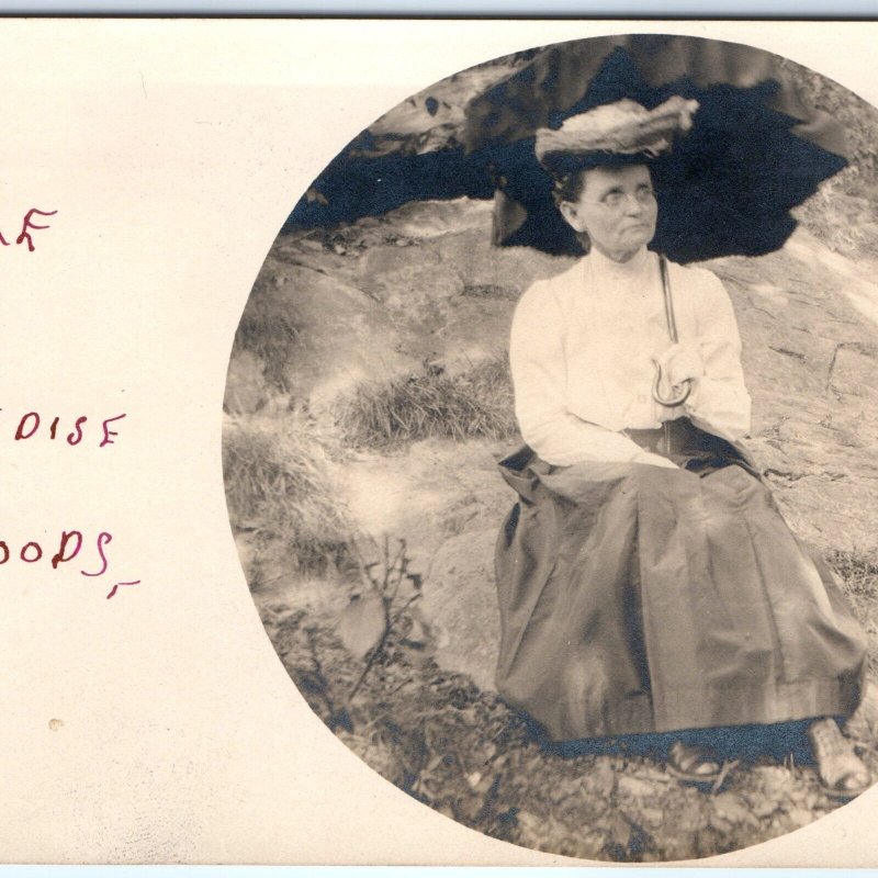 c1900s UDB Lovely Old Lady RPPC At Paradise Woods Park Real Photo Umbrella A127