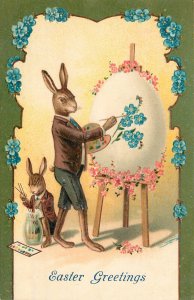Embossed Easter Postcard Anthropomorphic Rabbit Artist Paints Egg Forget-me-Nots