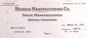 1937 BRISTOL TENNESSEE NICKELS MANUFACTURING CO DRESS MFG BILLHEAD INVOICE Z428