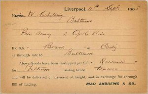 Entier Postal Stationery 1p Liverpool in 1908 for Baltimore