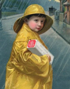 1890s National Biscuit Co. Cute Boy Yellow Raincoat Box Of Biscuits &T