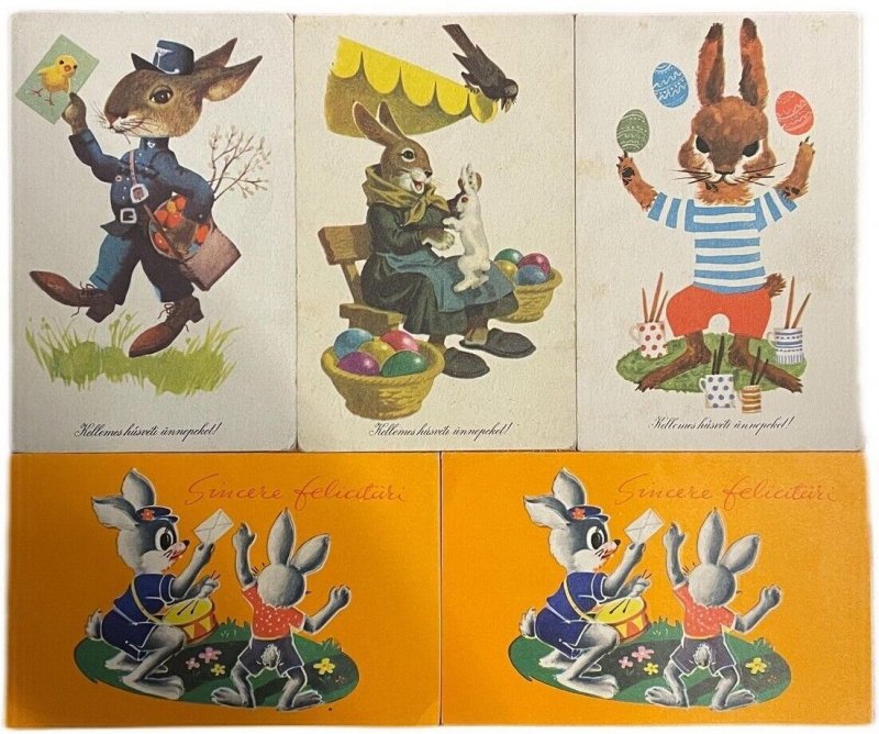 Lot humanized Easter bunnies rabbits greetings cards 1960`s 