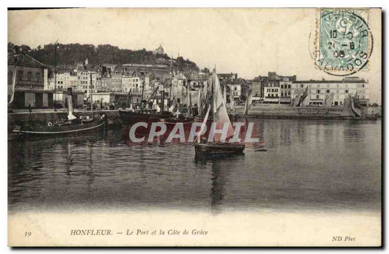 Old Postcard Honfleur Harbor and the Cote de Grace Yacht