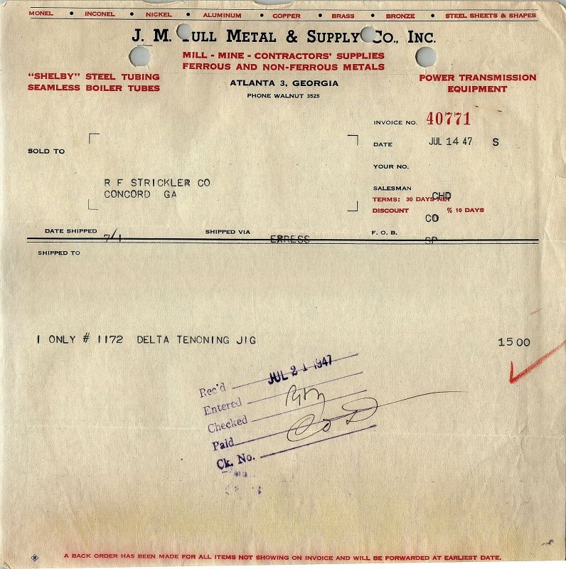 1947 J.M. TULL METAL & SUPPLY CO. ATLANTA GA DELTA TENONING JIG INVOICE 16-27 