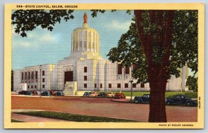 Salem Oregon~State Capitol Bldg Street View~Art Deco~Vintage Linen Postcard