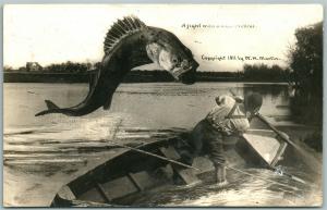 EXAGGERATED FISHING 1911 COPYRIGHT ANTIQUE REAL PHOTO POSTCARD RPPC CORK STAMP