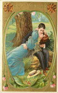 Embossed AMB Valentine Postcard Loving Couple Kissing in a Forest Posted