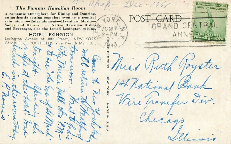 1943 New York Hotel Lexington Hawaiian Room Interior Hilide Postcard 22-11542