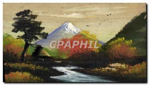 Postcard Old Wooden Japan Nippon Volcano (drawing hand)