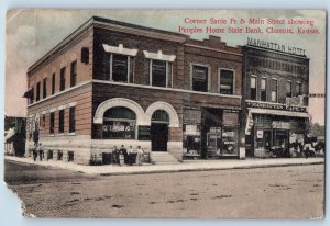 Chanute Kansas Postcard Corner Santa Fe & Main Street Showing Peoples Home 1919