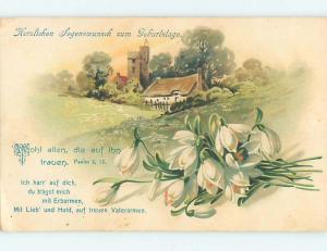 Pre-Linen foreign religious GERMAN BIBLE QUOTE & FLOWERS WITH CHURCH HL7387