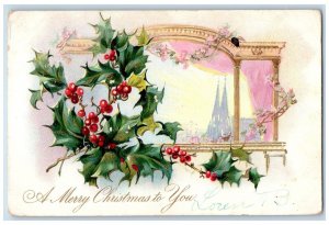 1906 Christmas Holly Berries And Flowers Embossed Elkins New NH Tuck's Postcard 