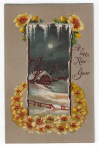 Early New Year Greetings Postcard, A Night Scene in Winter, Yellow Flowers, 1909