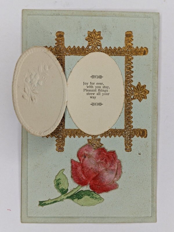 c1910s Embossed Door Fold Open Good Wishes Poem Card Postcard Rose Gilt A79