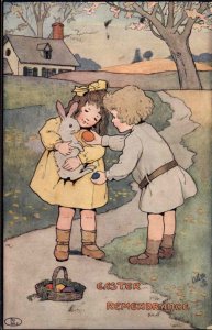 Tuck Easter Blessings Little Boy and Girl with Bunny c1910 Vintage Postcard