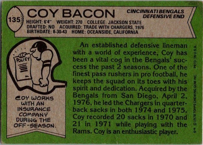 1978 Topps Football Card Coy Bacon Cincinnati Bengals sk7053