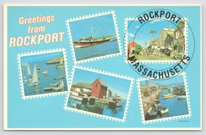 Rockport Massachusetts~Stamp Views~Sailing~Fishing Boats~Main Street~1960s Pc