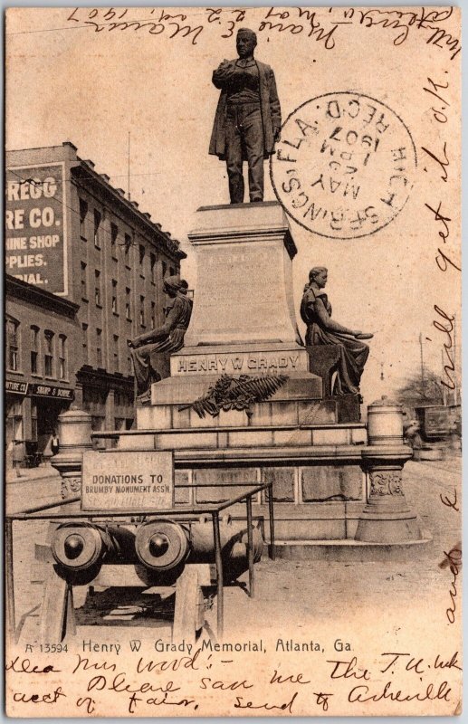 Henry W Grady Memorial Monument Statue Atlanta Georgia GA Postcard