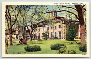 Okmulgee Oklahoma~Ladies on Bench~Creek Council House~Stores @ Square~1951 Linen 