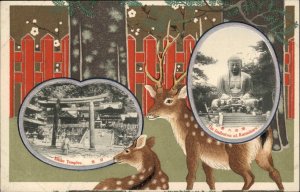 Japan Nikko Temples Deer Border Japanese Art c1910 Embossed Postcard