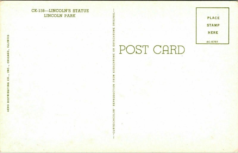 Lincolns Statue Lincoln Park Postcard Curteich VTG UNP Vintage Unused Chrome 