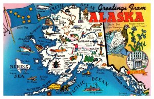 Postcard State Map -Alaska - Greetings from state flag bird flower