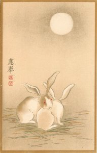 Japanese Art Nouveau Postcard Pale Brown & White Rabbits under the Moon Unposted