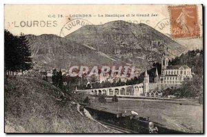 Old Postcard Lourdes Basilica and the large lake (train)