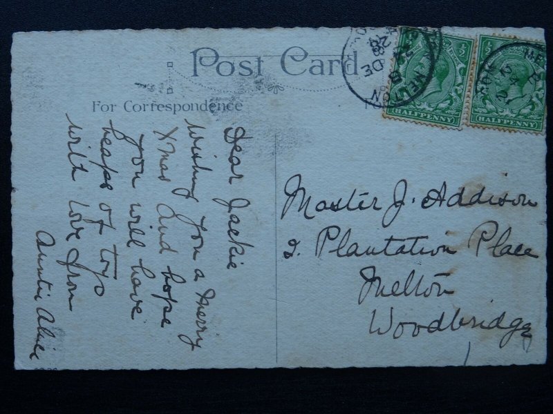 A Merry Christmas A PIG WITH HOLLY & FOUR LEAF CLOVER c1928 Postcard