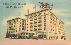 Autos Hotel San Diego California roadside 1946 Postcard linen MWM Flag 11828