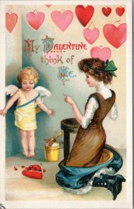 Postcard  Valentine - Woman kneeling with cupid and broken heart 4 bar cancel