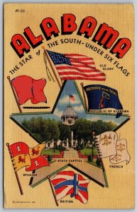 Vtg Alabama AL Star Of The South Under Six Flags 1940s Linen Postcard