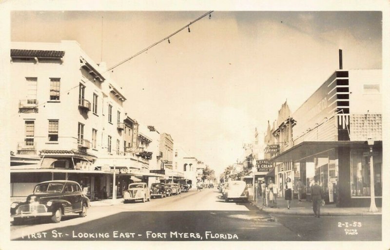 Fort Myers FL First Street East Hardware Store Storefronts Old Cars RPPC