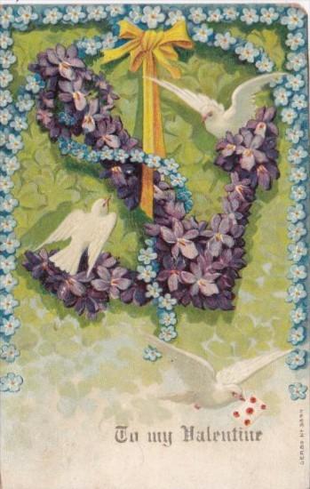 Valentine's Day White Doves With Anchor Of Purple Flowers 1907