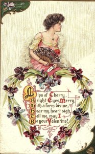 C.1910 Lovely Lady w/ Fan Heart of Flowers Valentine Victorian Postcard P9