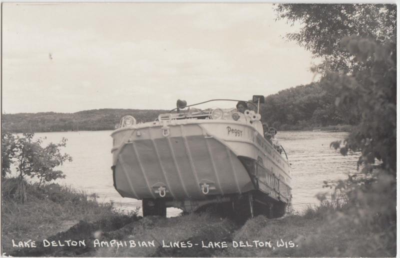 Wisconsin Wi Real Photo RPPC Postcard c1950 LAKE DELTON Amphibian Lines Boat Car