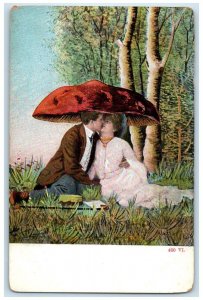 c1910's Mushroom Toadstool Fantasy Sweet Couple Kissing Romance Antique Postcard