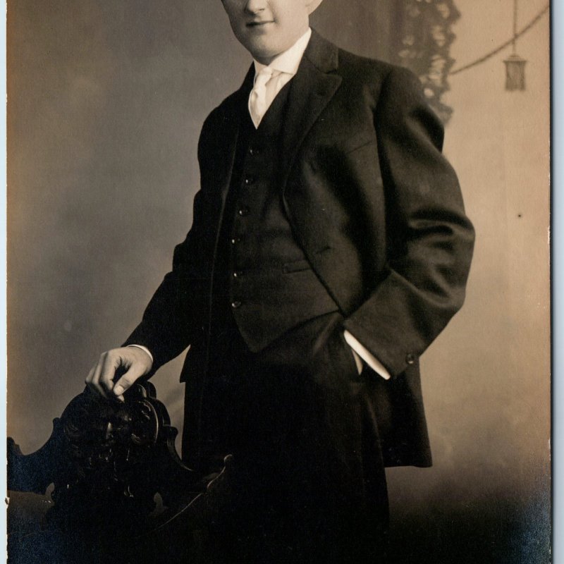 c1910s Cool Young Man Portrait RPPC Hat Fun Classy Smirk Carved Chair Photo A212