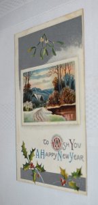 Winter Scene Holly Happy New Year Embossed Postcard