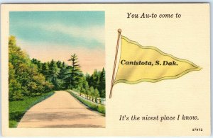 c1930s Canistota, S. Dak. You Au-To Come NICEST Place Linen Postcard Pennant A69