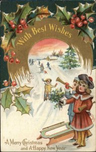 Christmas New Year - Children Sled & Blow Horns c1910 Embossed Postcard