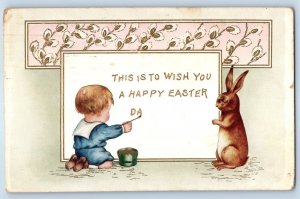c1910's Easter Little Boy Writing Bunny Rabbit Pipe Berry Embossed Postcard