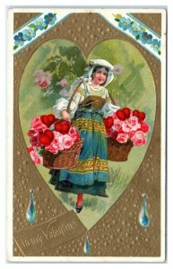 Beautiful VALENTINE ~ YOUNG LADY w/BASKETS of ROSES 1908  Embossed  Postcard